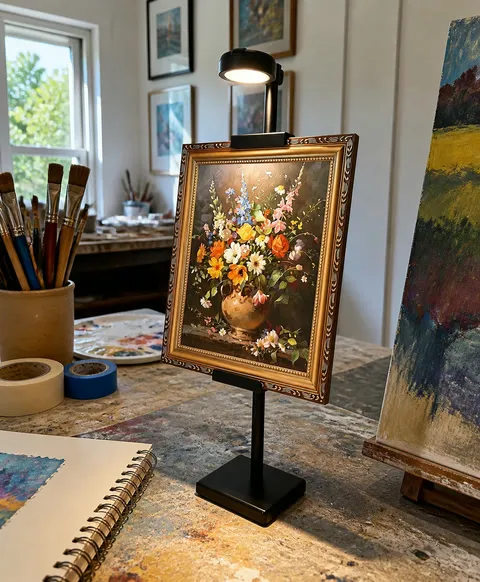 Lighted stand displaying framed floral art in a studio