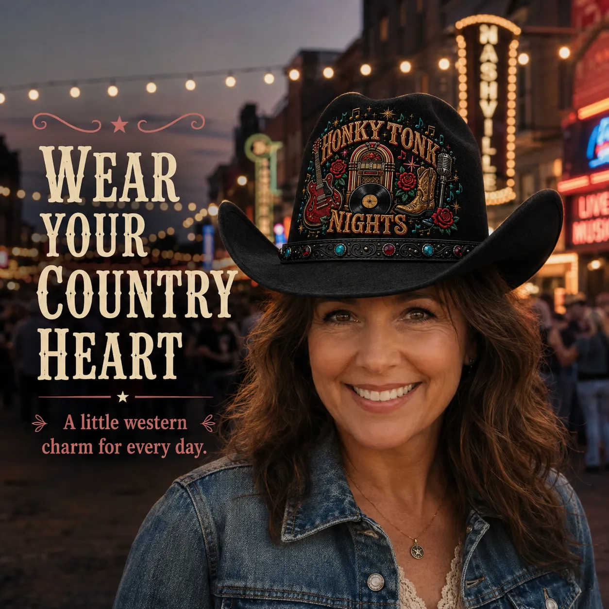 Honky-Tonk Nights cowboy hat worn on a Nashville evening