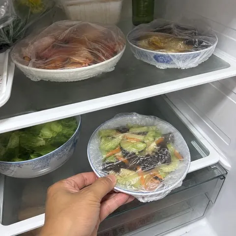 Covered dishes on refrigerator shelves