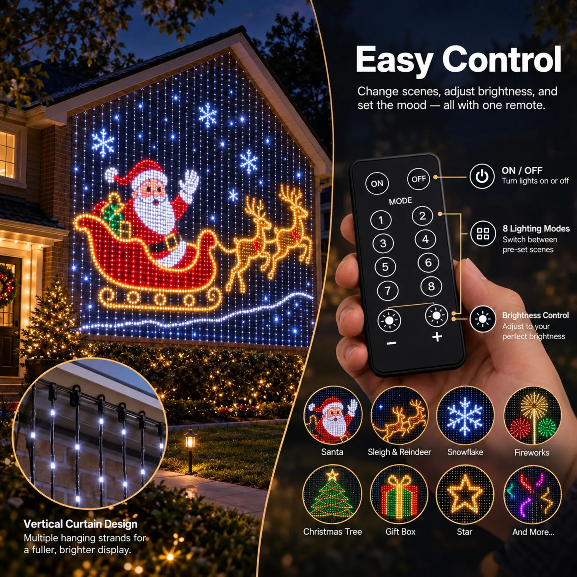 Remote control guide showing on/off, eight lighting modes and brightness adjustment