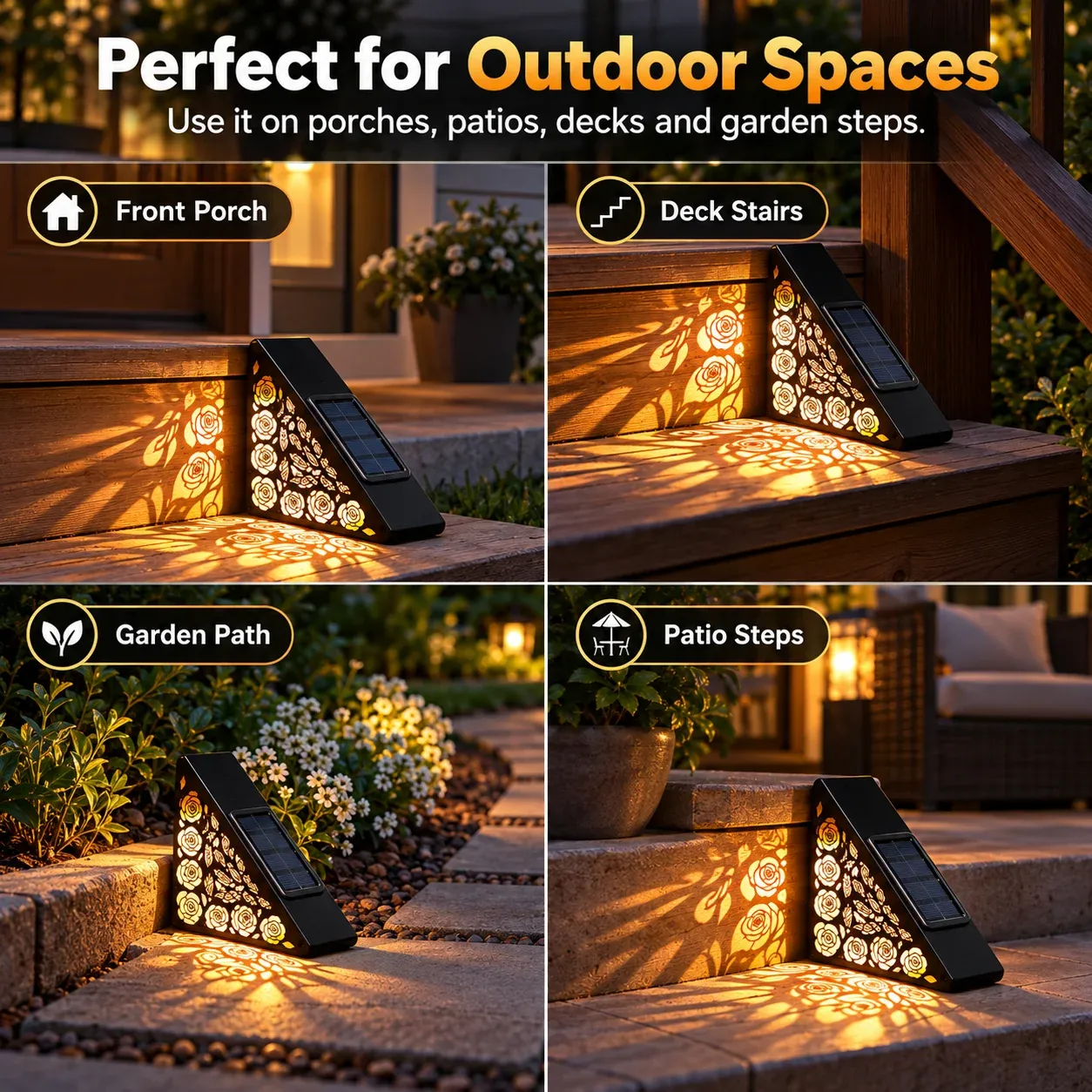 Solar step lights used on porch, patio, pathway, deck and fence