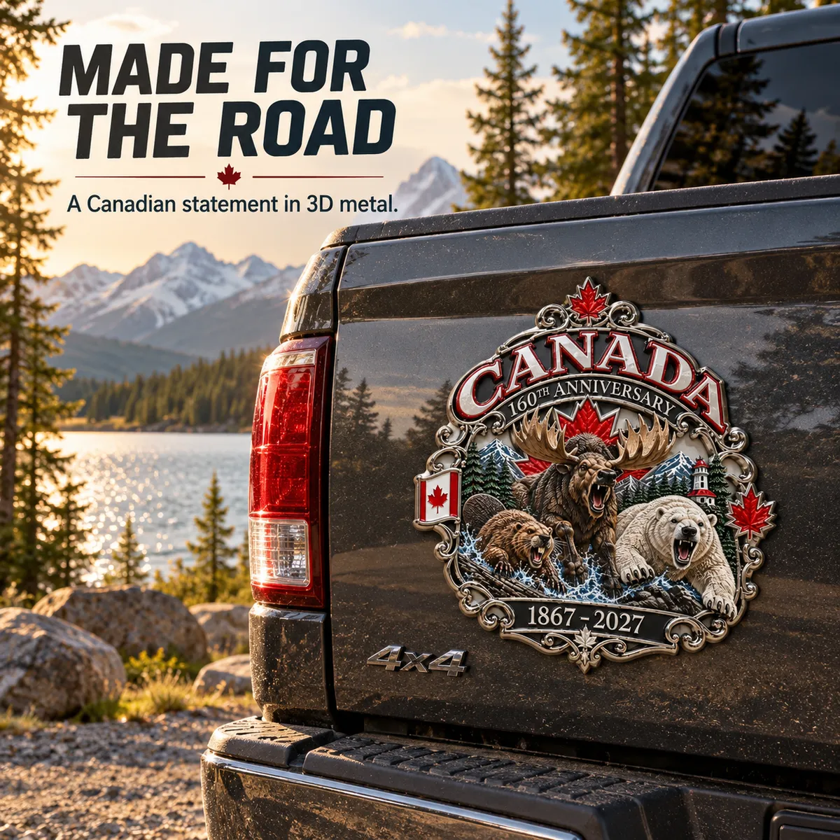 Canada anniversary emblem displayed on a truck by a lake Canada anniversary emblem displayed on a truck by a lake