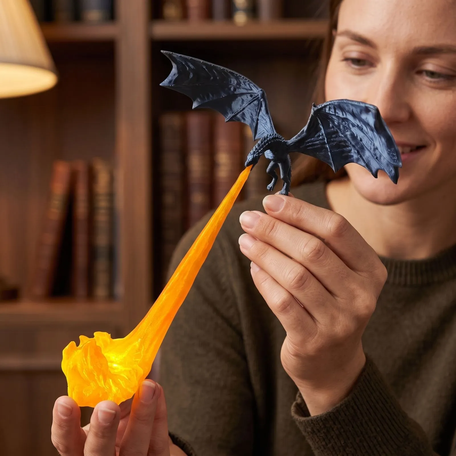 Reader holding the black dragon and glowing fire decoration