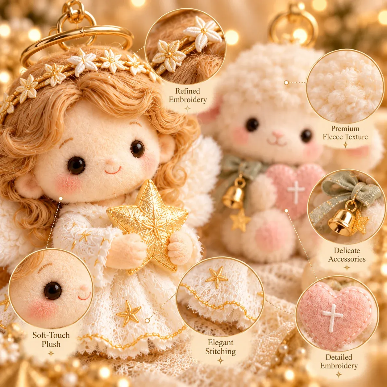 Details of angel embroidery, lamb texture, gold accessories, stitching and pink embroidered heart