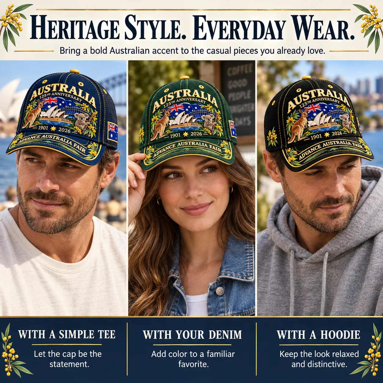 Navy, green and black caps paired with a T-shirt, denim jacket and gray hoodie