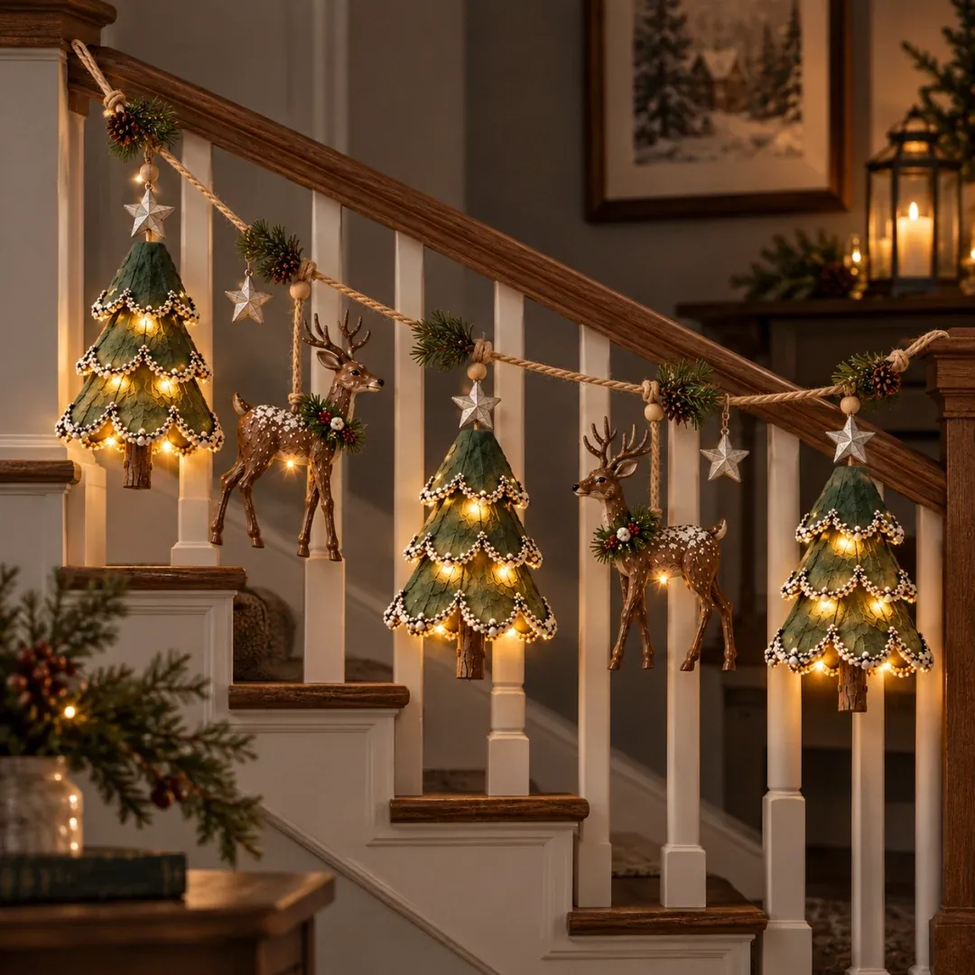 Warmly lit woodland Christmas garland decorating a wooden stair banister