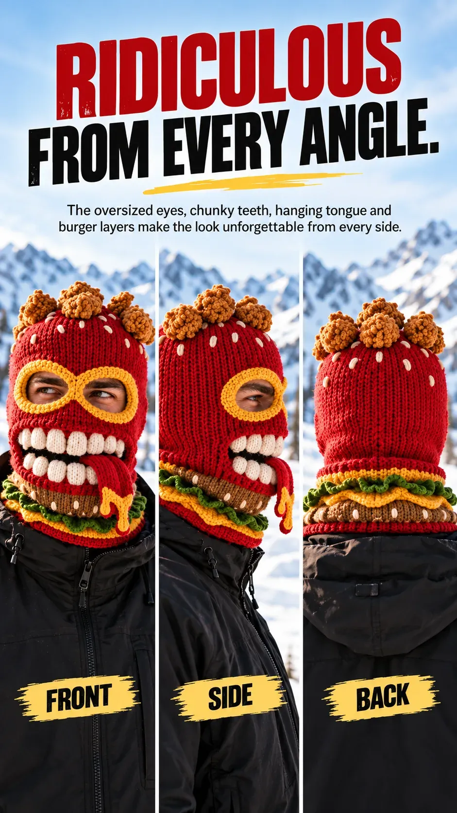 Front side and back views of the Burger Monster ski mask being worn