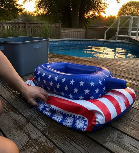 Inflatable pool tank drying on a wooden deck