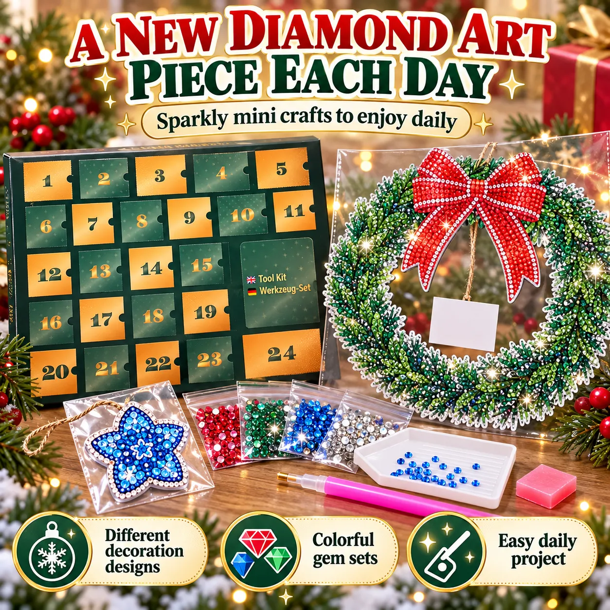 Mini diamond art decoration, colored gems, painting pen and tray alongside the calendar and wreath
