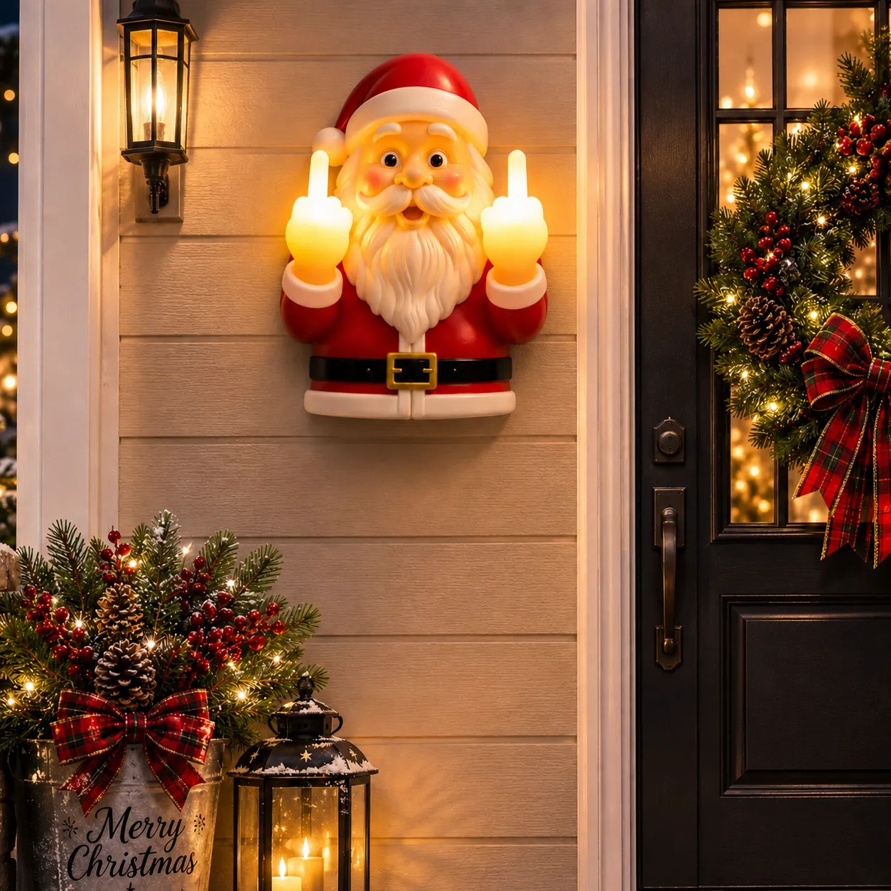 Compact glowing Santa wall decor on a porch
