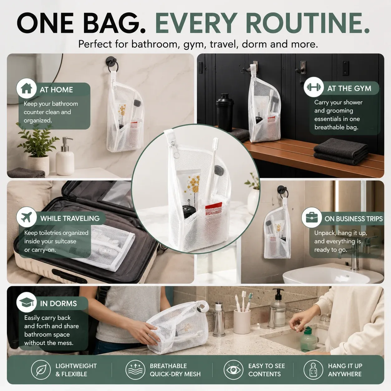 Mesh toiletry organizer for home gym travel dorm and business trips