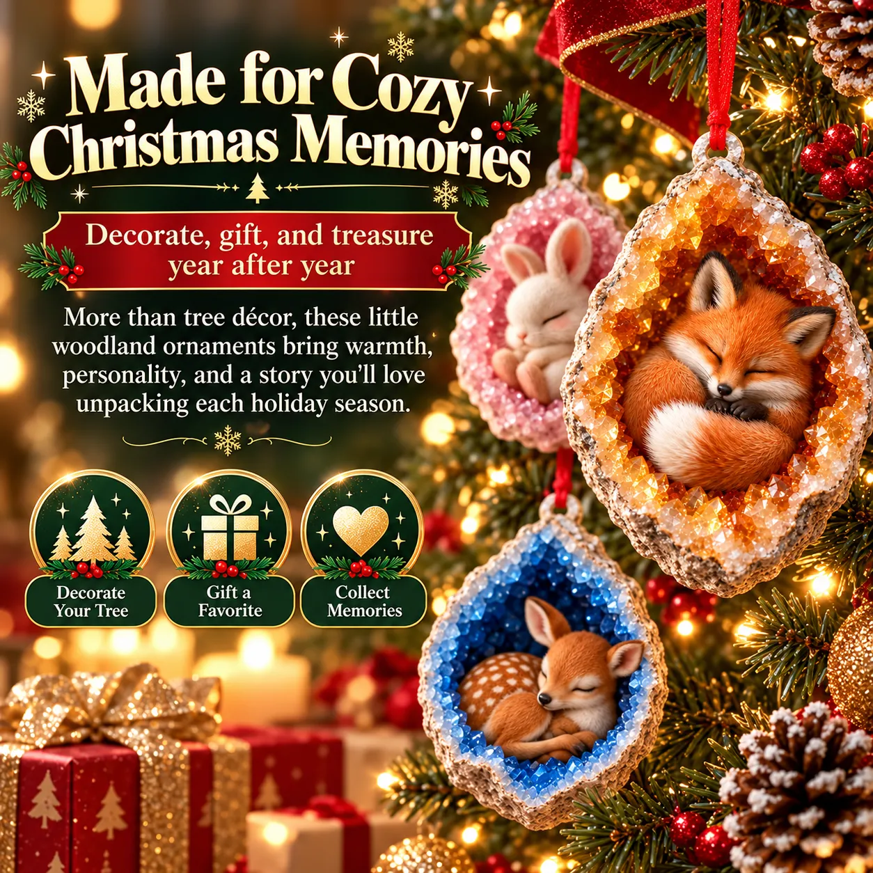 Natural crystal details on woodland animal Christmas ornaments