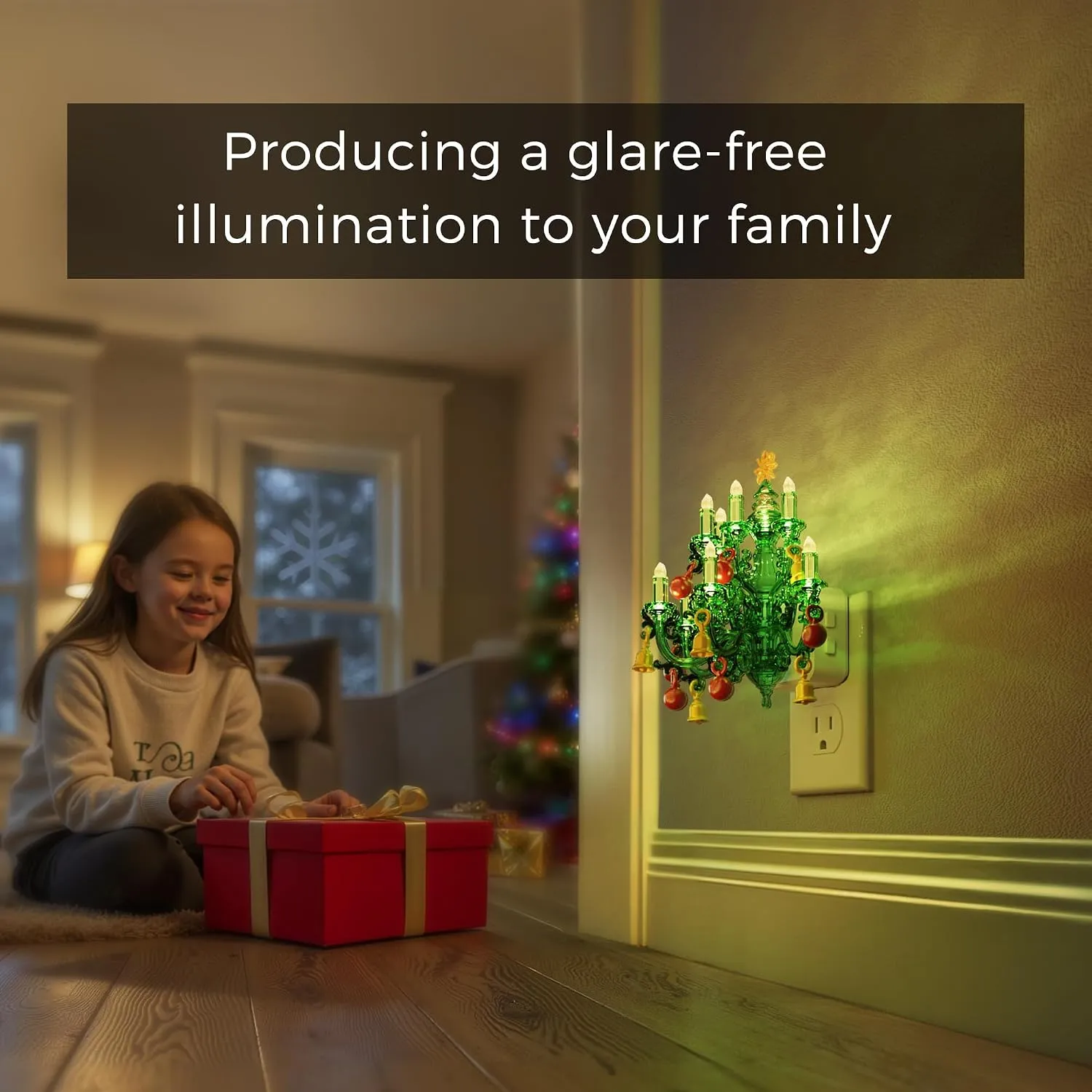 Christmas tree night light glowing in a family holiday scene