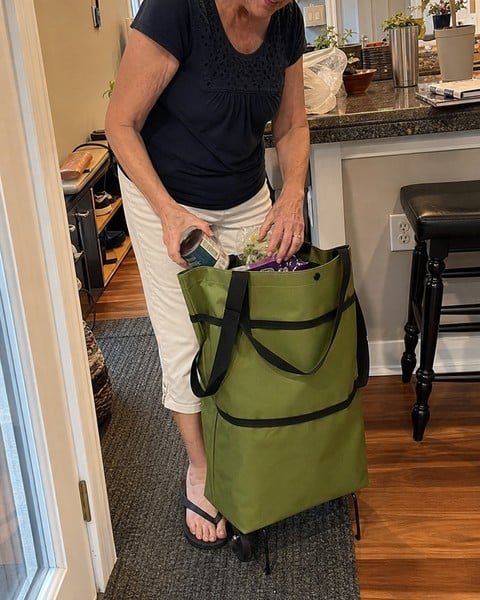 Green rolling tote being unloaded in a kitchen