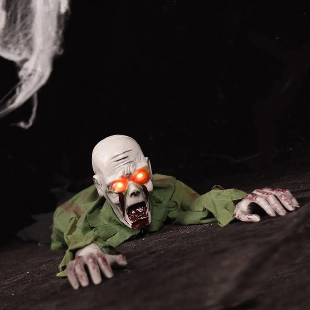 Bald crawling zombie with glowing eyes reaching through a dark Halloween scene