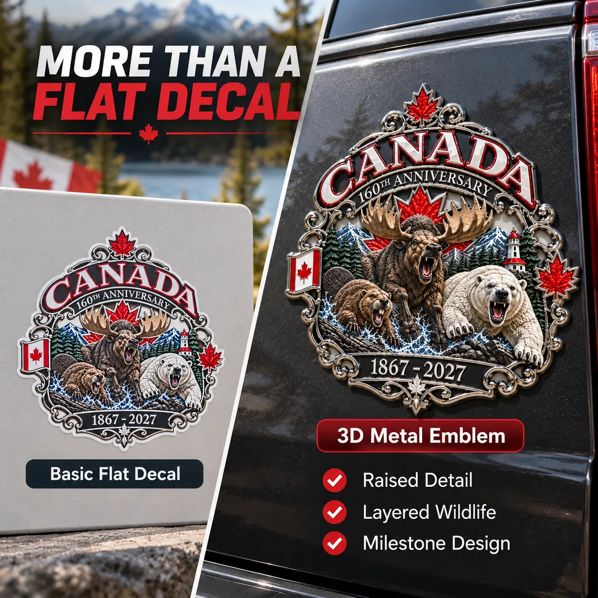 Visual comparison of a flat printed decal and the dimensional Canada anniversary emblem