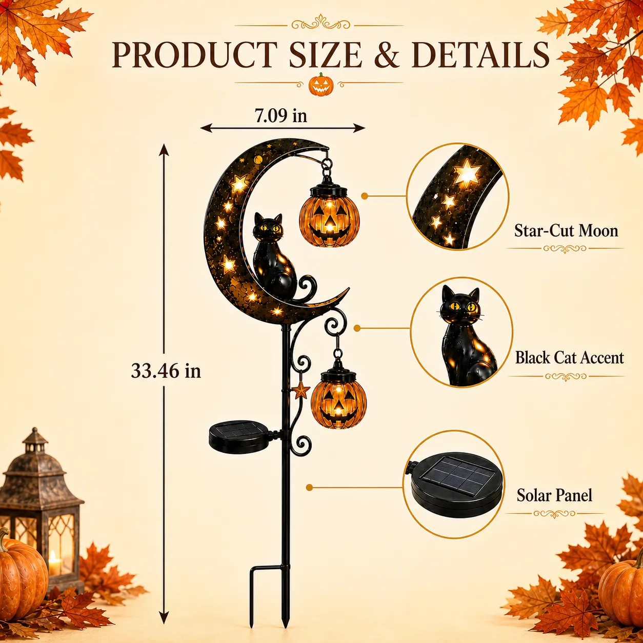 Solar pumpkin moon garden stake measures 33.46 inches high and 7.09 inches wide