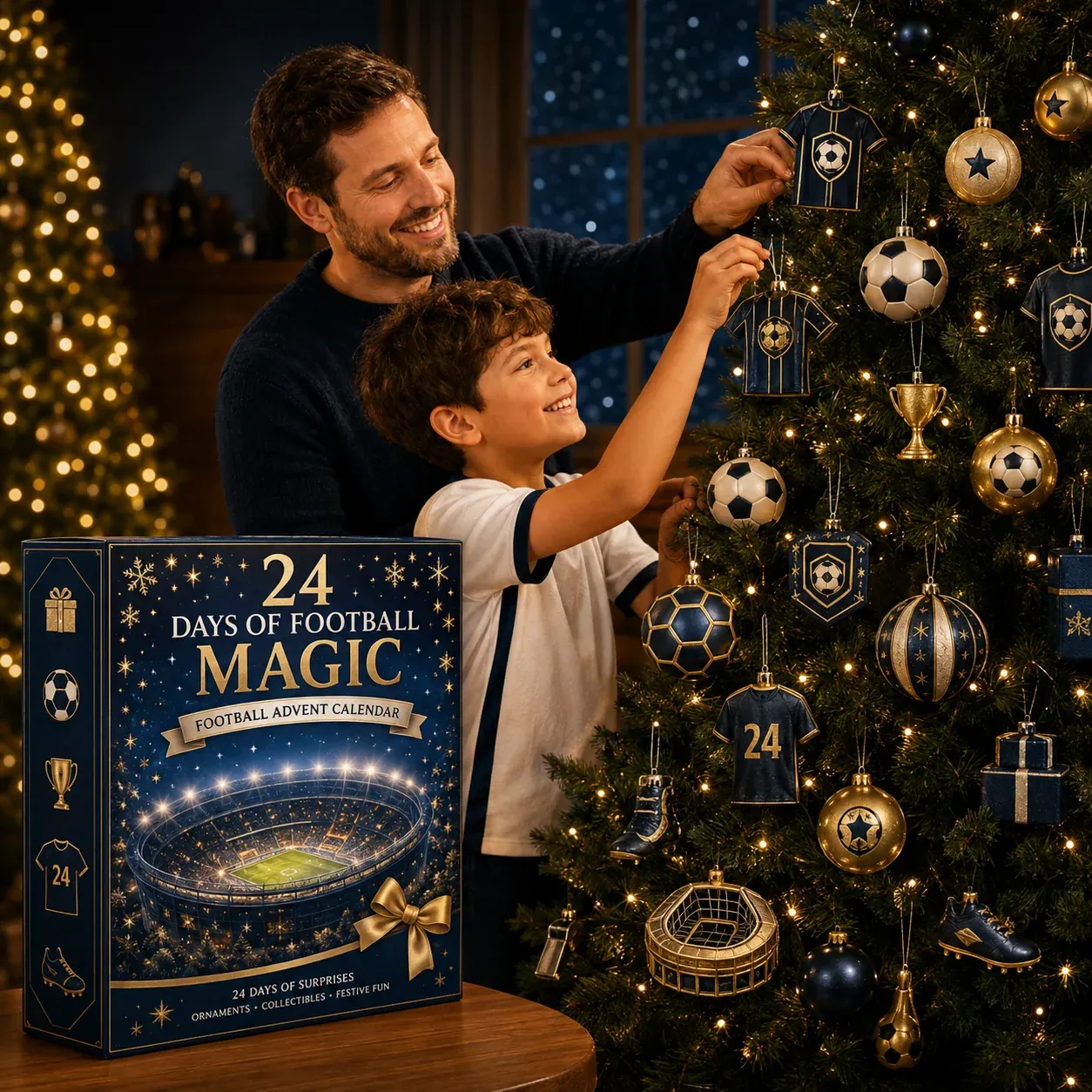 Father and child decorating a Christmas tree with football keepsake ornaments