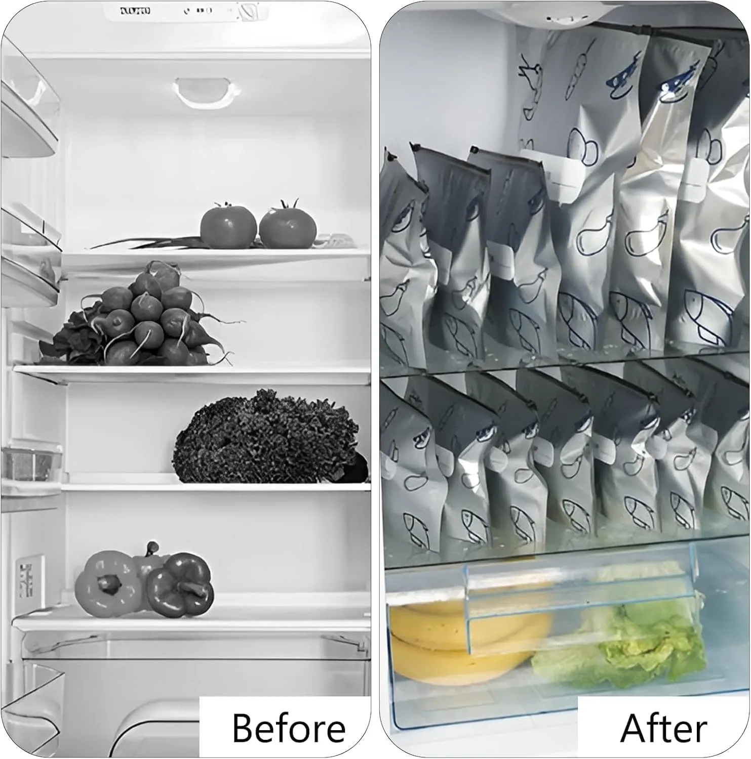 Before and after refrigerator organization with upright foil storage bags