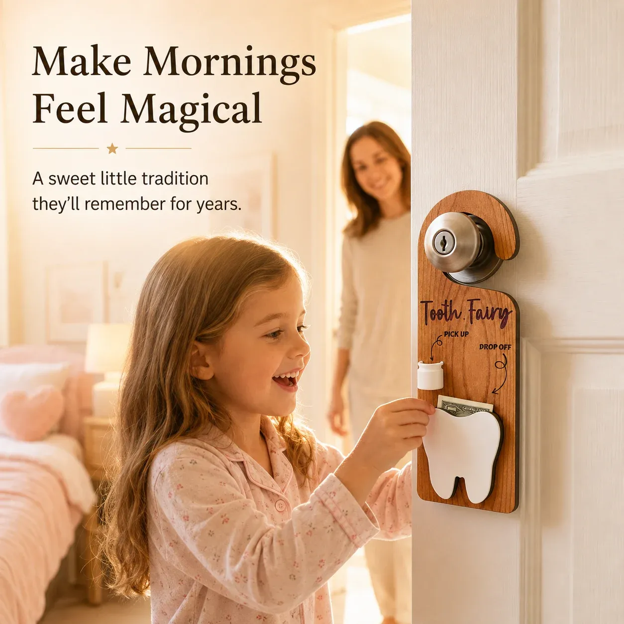 Child happily discovering a Tooth Fairy surprise in the tooth-shaped door hanger pocket