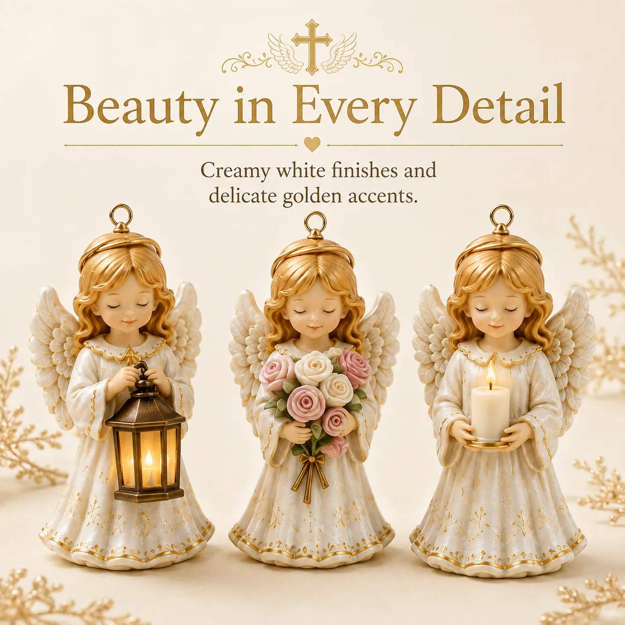 Close-up view of three cream and gold angel ornaments showing wings, hanging loops and decorative details