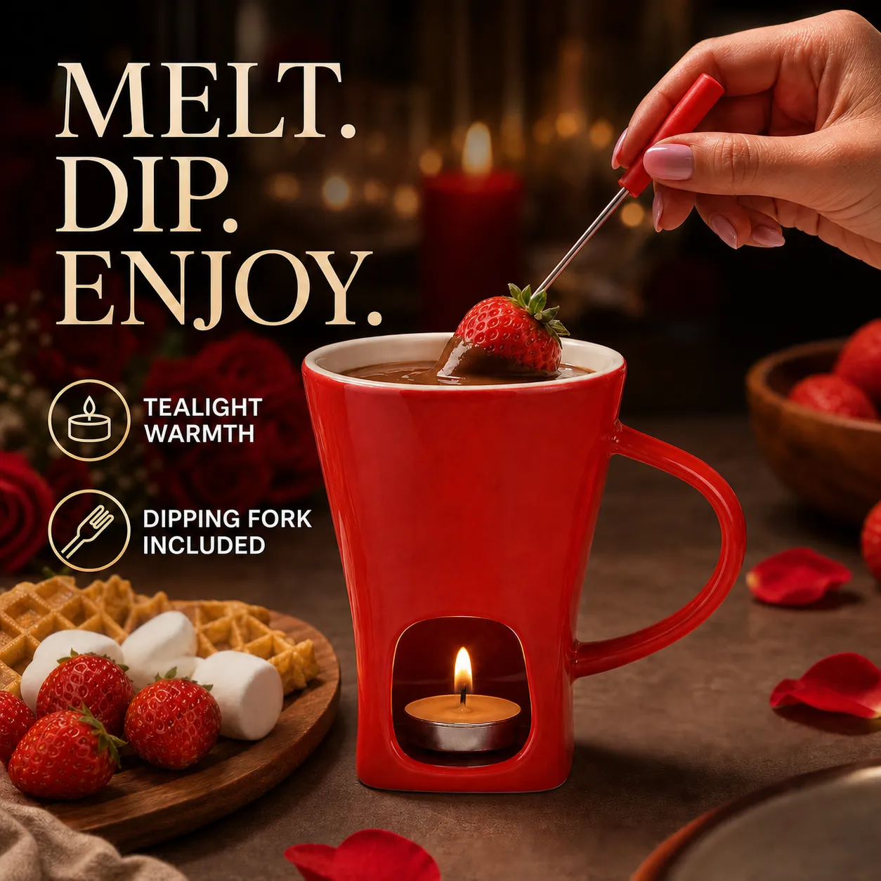 Red personal chocolate fondue mug in a strawberry dipping scene