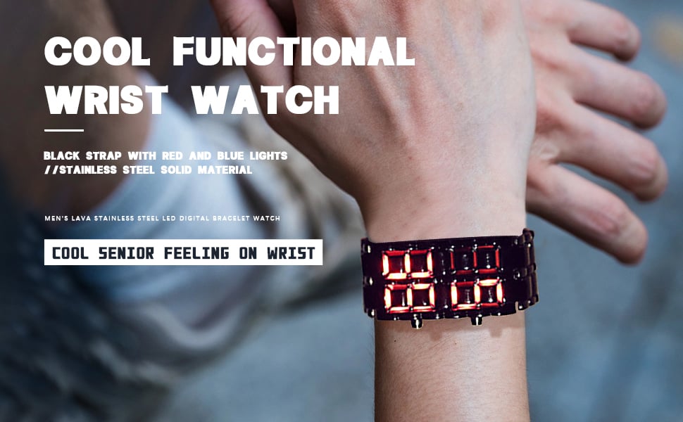 Men's Lava Stainless Steel Lava RED LED Digital Bracelet Watch