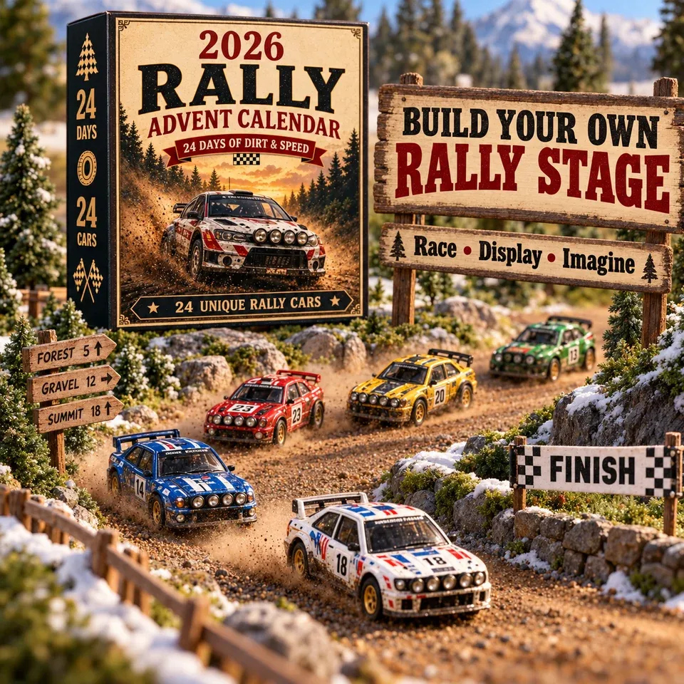 Flache Rallye-Acrylmotive auf einer Rallye-Etappe