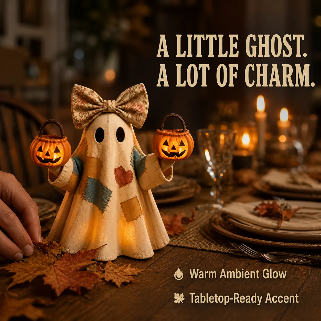 Small double-pumpkin ghost used as a warm Halloween centerpiece