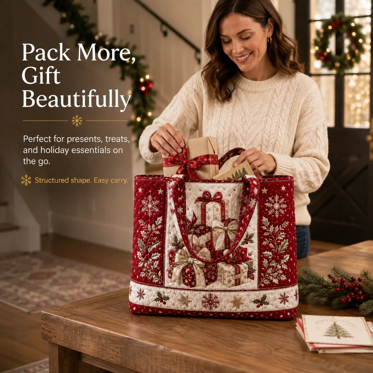 Red quilted Christmas tote filled with wrapped presents