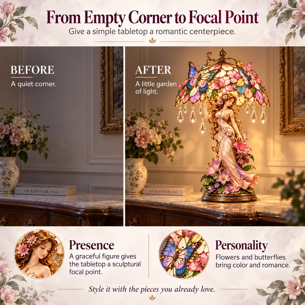 Decorative before-and-after illustration showing a quiet tabletop transformed into a floral focal point with the lamp