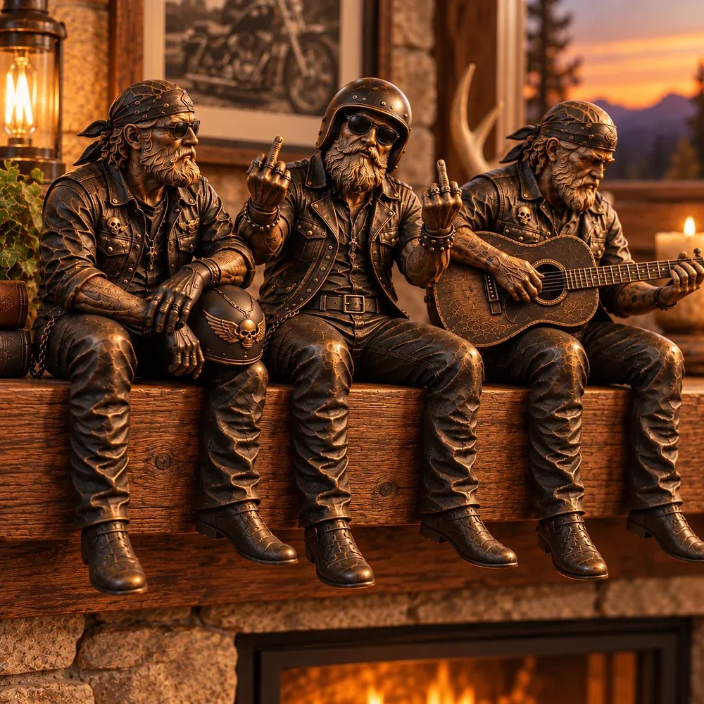 Three biker shelf sitter designs displayed together: Road Dreamer, The Rebel and Roadside Guitarist
