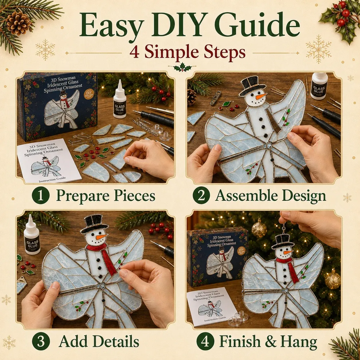 Four-step easy DIY guide for assembling the iridescent glass ornament