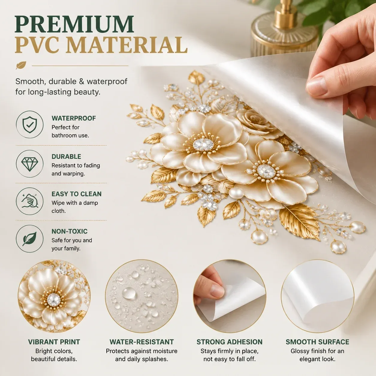Water resistant PVC floral bathroom decal