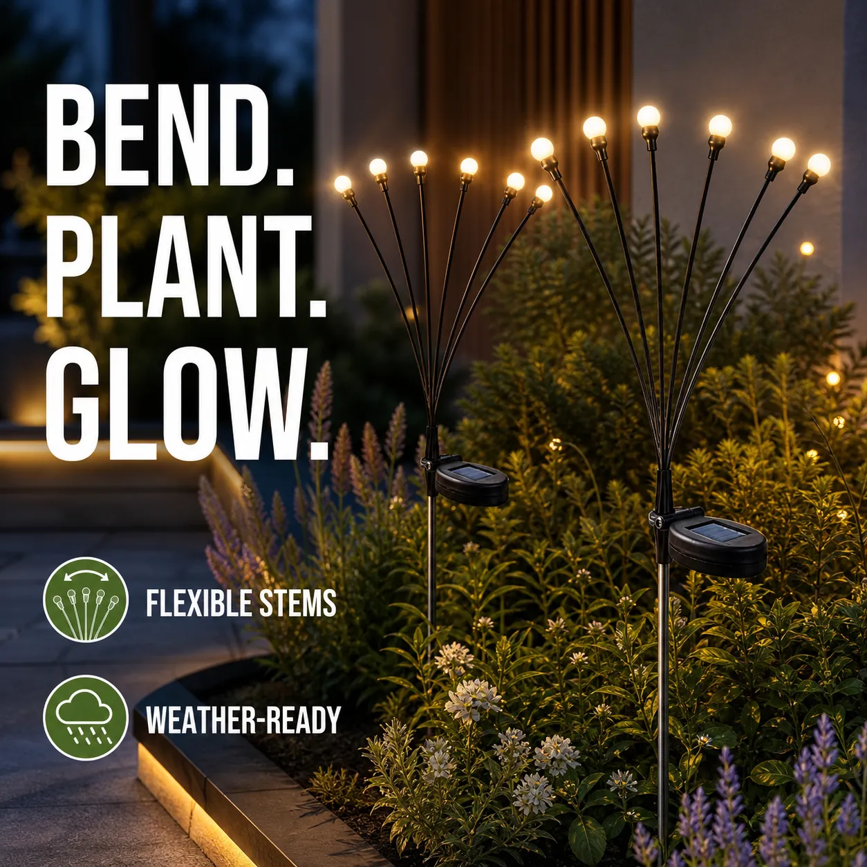 Flexible solar garden stakes at dusk
