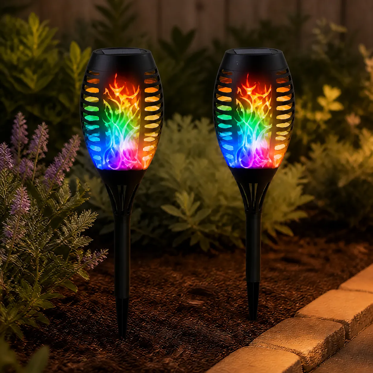 Buy one get one free package with two classic multicolor RGB solar torches