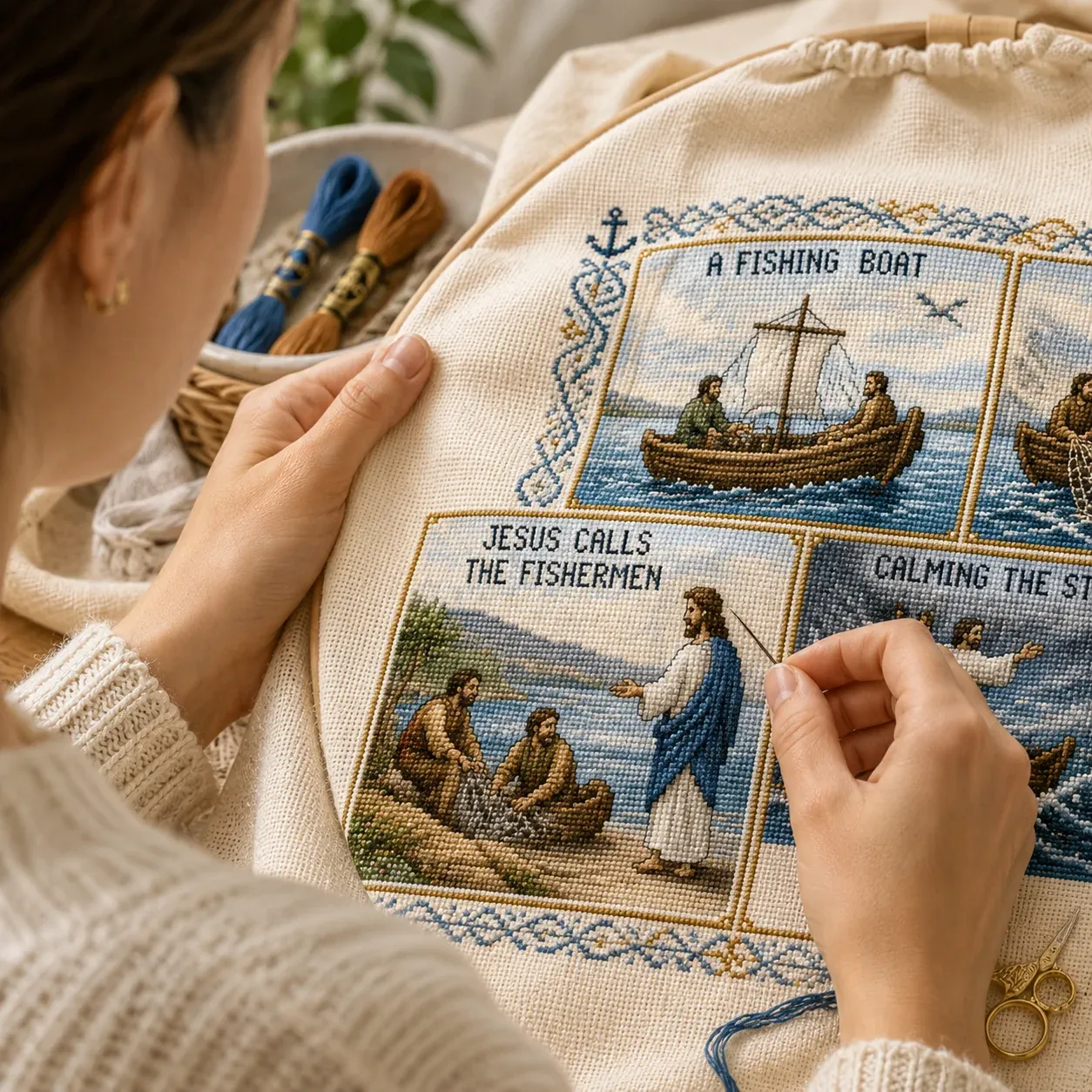 Bible scene being stitched by hand