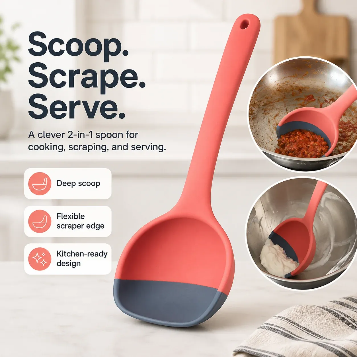 Two in one silicone scoop and scraper spoon with deep scoop and flexible scraper edge