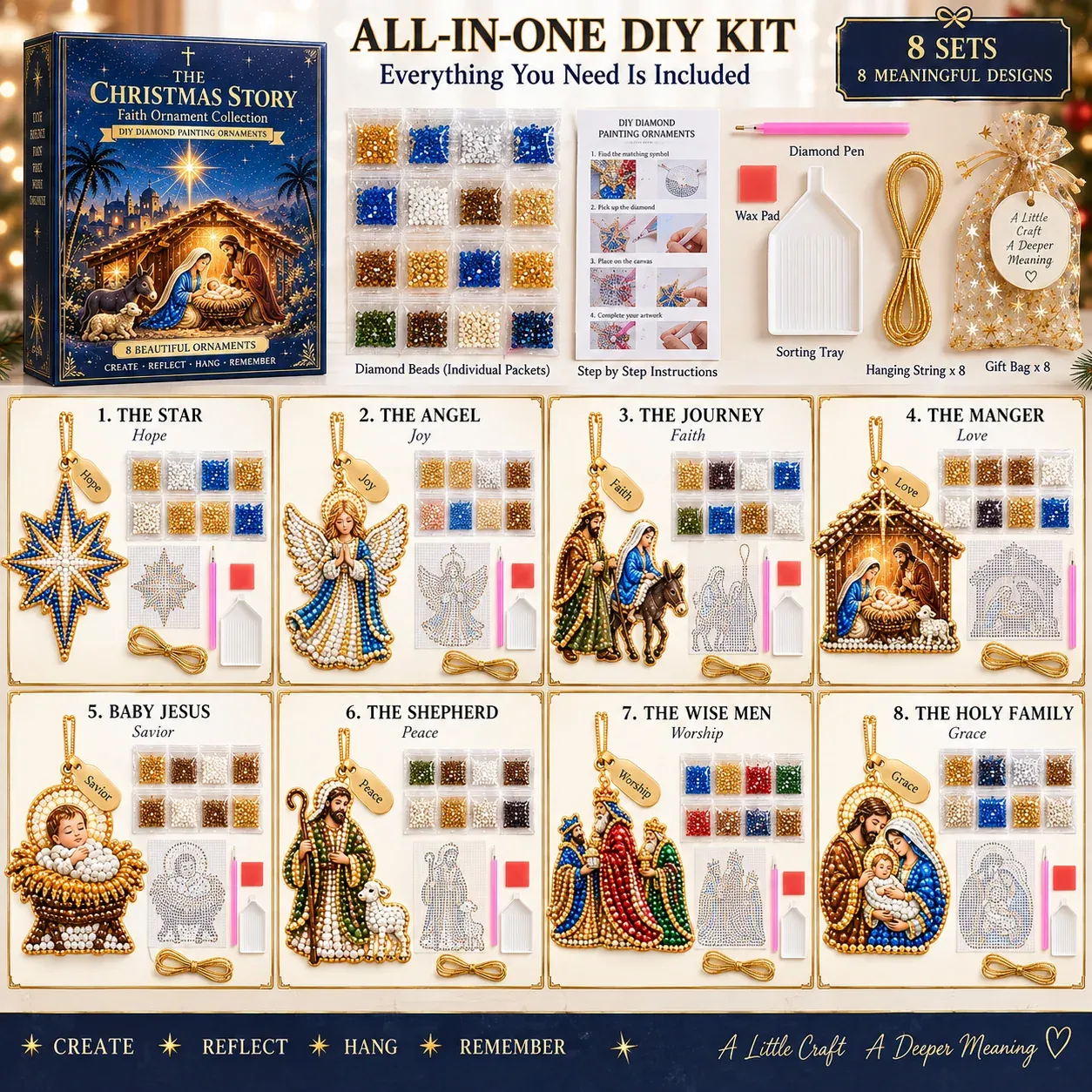 Kit contents: eight ornament projects, gem packets, pen, wax, tray, instructions, eight strings and eight gift bags