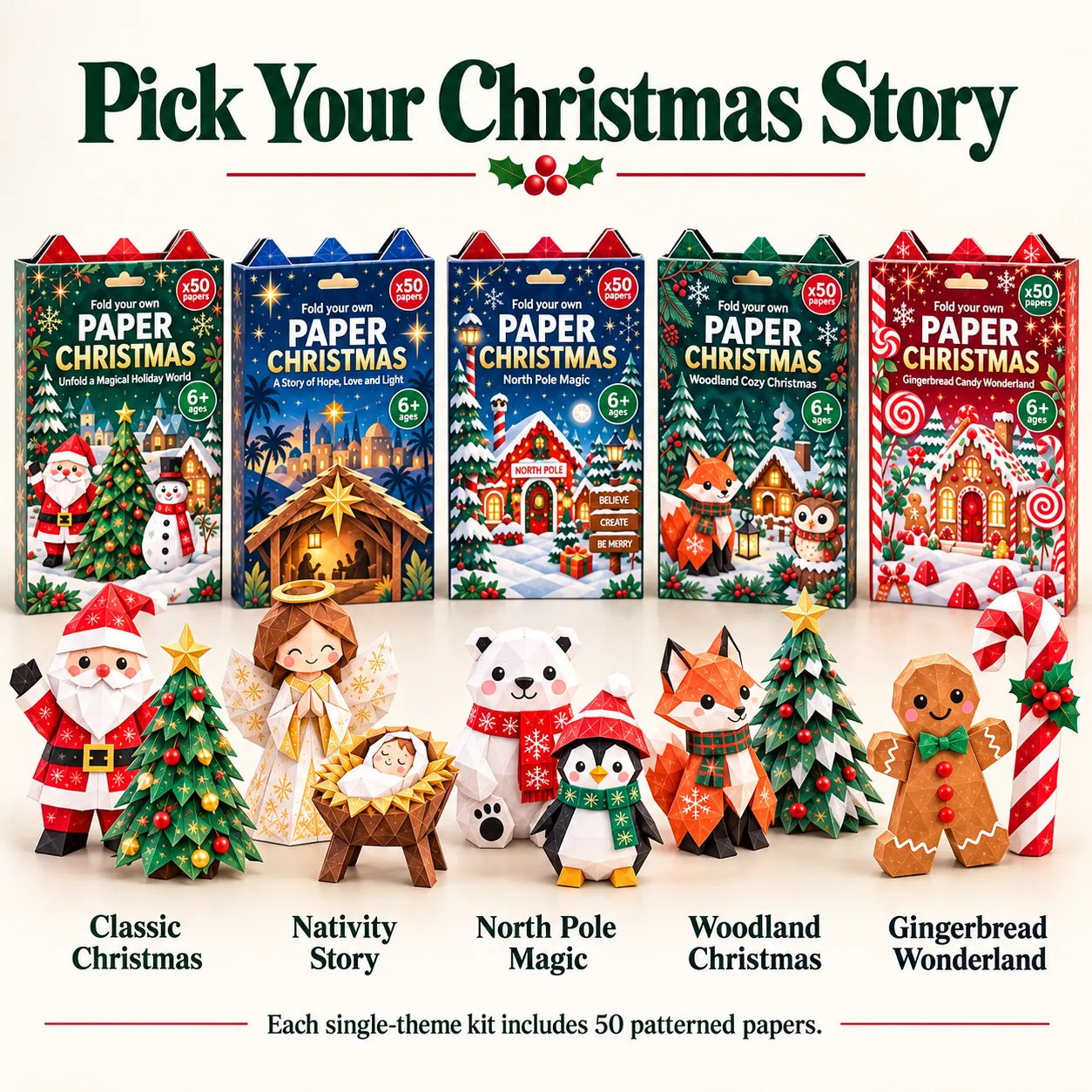 Five paper Christmas kit themes: Classic Christmas, Nativity Story, North Pole Magic, Woodland Christmas, and Gingerbread Wonderland
