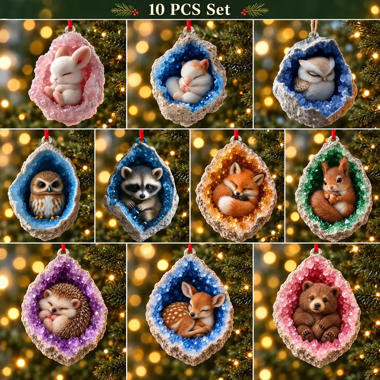 Natural crystal woodland animal ornaments displayed at Christmas