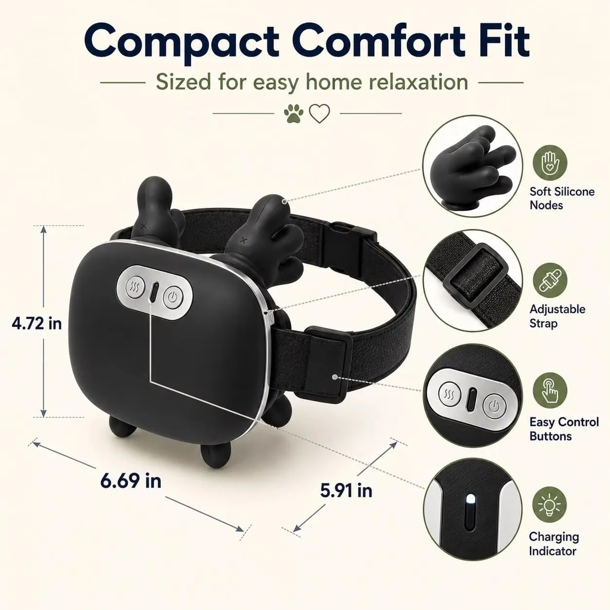 Pet massager controls, strap and product dimensions