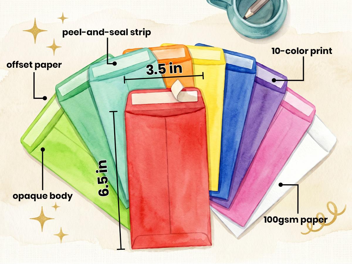 Decorably 110 Pack Colorful Money Envelopes for Cash, 6.5 x 3.5in with Self-Adhesive, Thick 100GSM, Coins, Tip, Gift, Trinkets, Small Items, Banking, Business, Jewelry