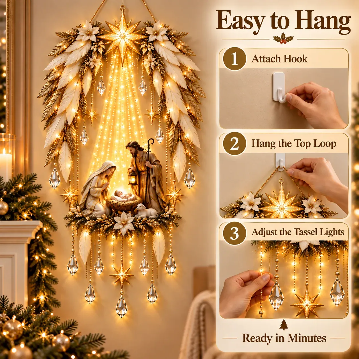 Hanging guide showing a wall hook, the top hanging loop and gently arranged trailing accents