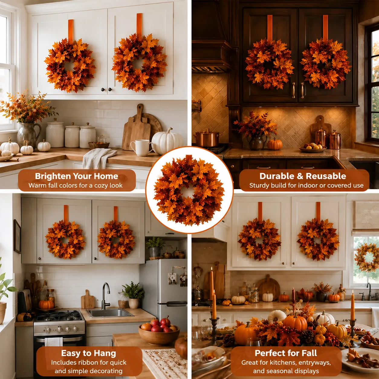 Fall maple leaf wreaths styled in several warm kitchen scenes