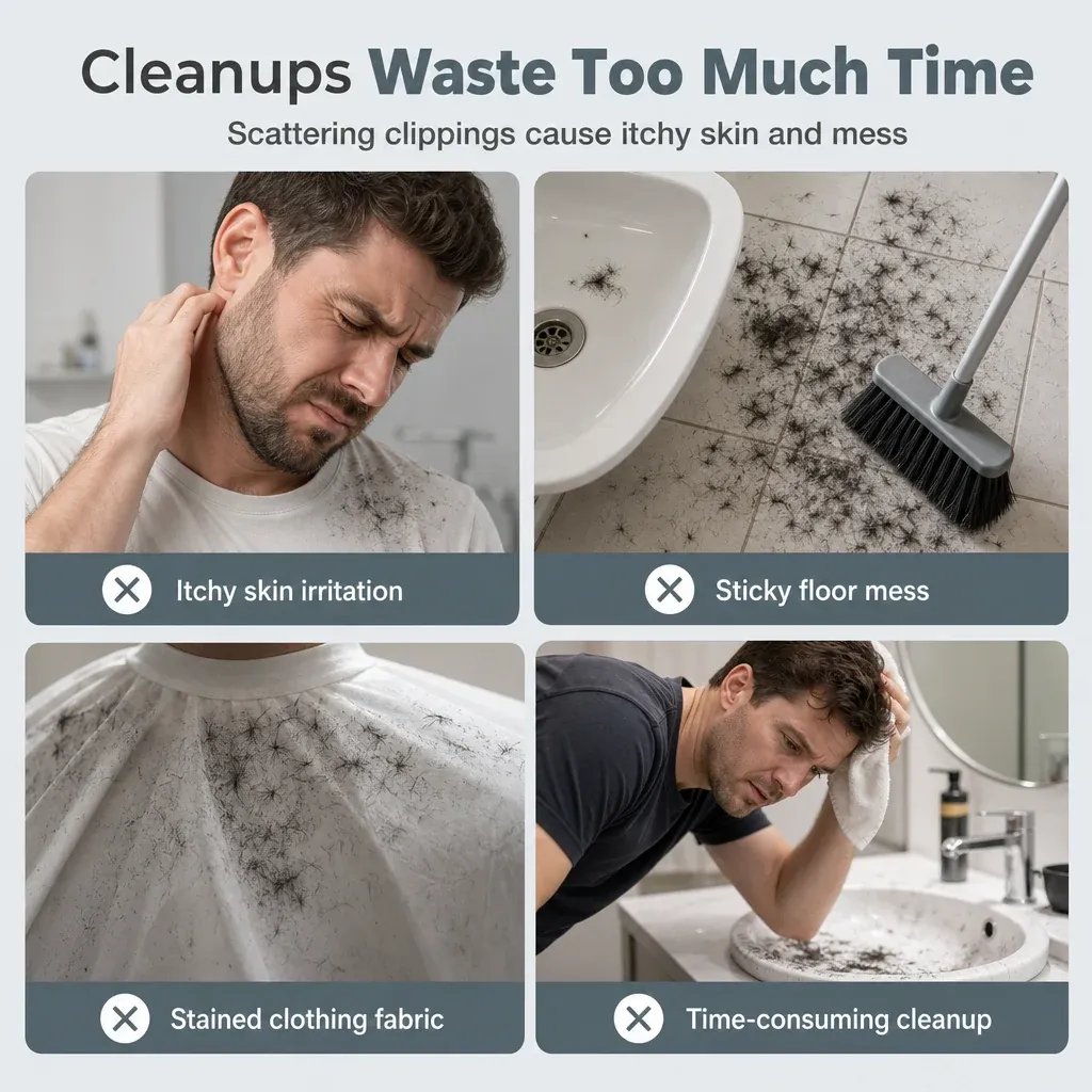 Loose hair clippings sticking to clothing and spreading around