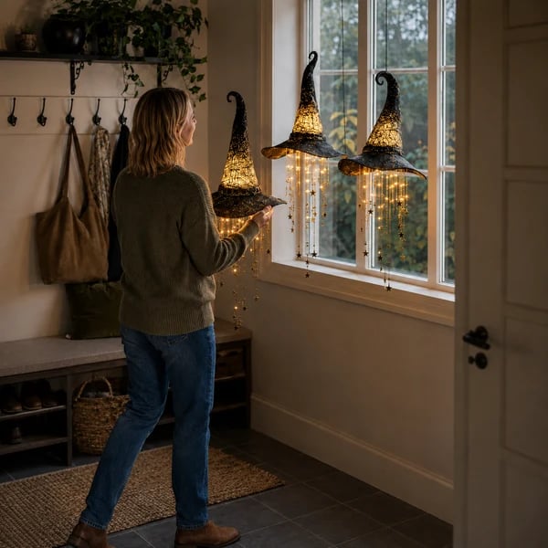 Lighted witch hat hanging chime setup battery remote hanging cord