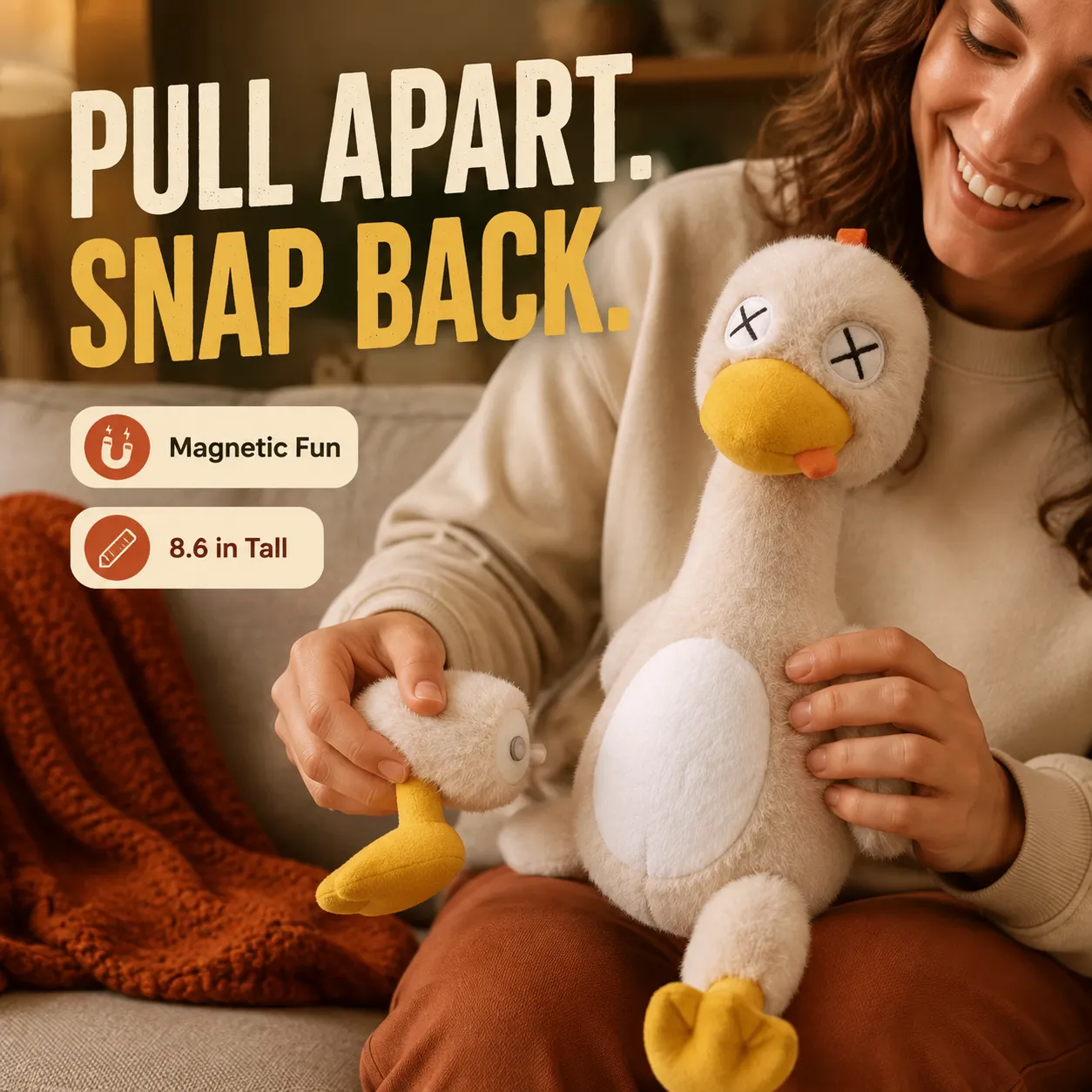 Detachable plush being played with on a sofa