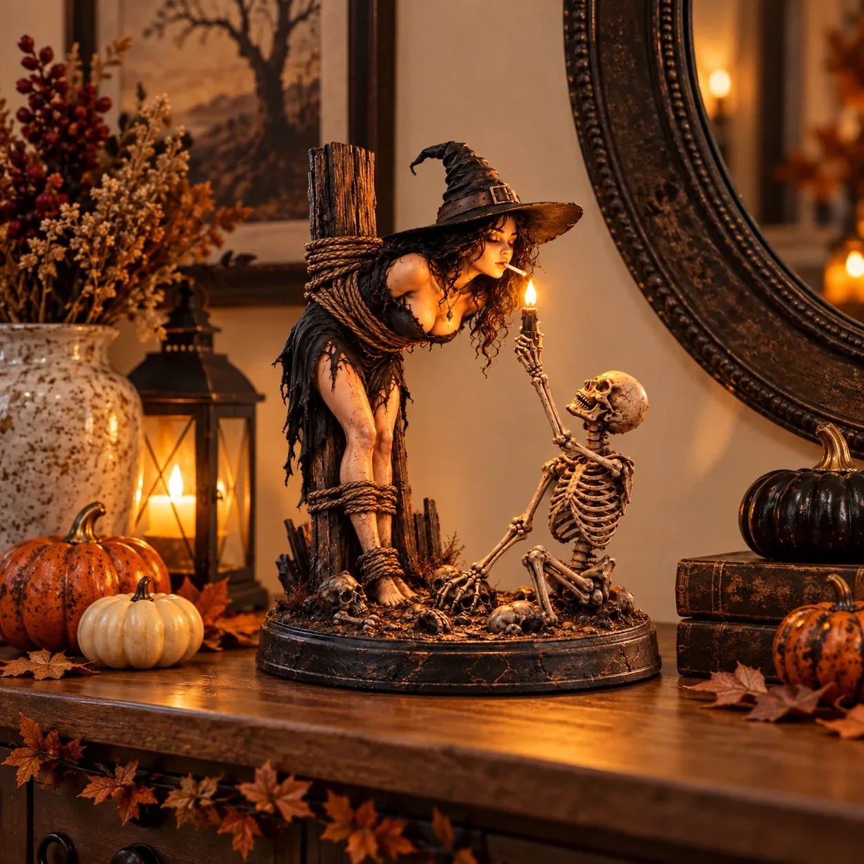 Detailed gothic witch skeleton Halloween sculpture