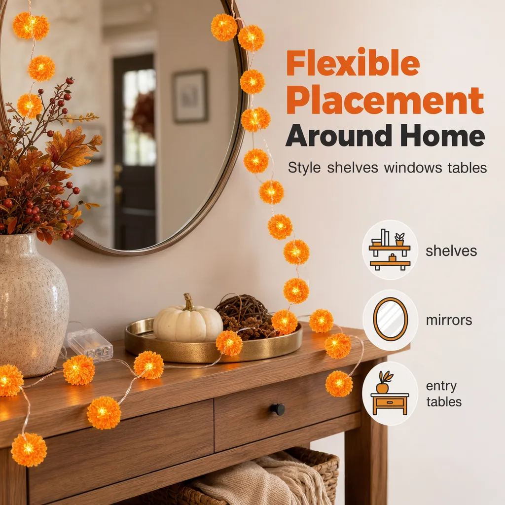Marigold flower string lights placed around mirror shelf and entry table